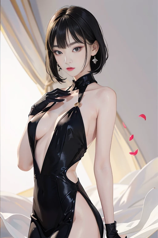 tsuruta ichiro, Narrow-eyed, 1girl in, Allback、deadpan、short-hair、shorth hair、brow、Reluctance、A dark-haired、Tucked Hair Solo, Cowgirl, Onepiece, ((mideum breasts)), Thin slit eyes、Black eyes, Light shines on the eyes、Black hair, gloves, Dress, Luxurious Je...