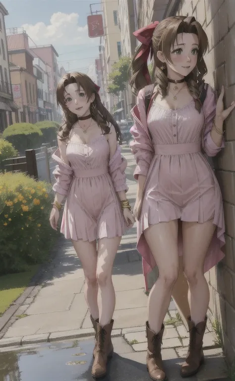 a3r1th, aerith multi view upper body, upskirt panties view, legs together, a3r1th, peeing, peeing herself, her own urine is trickling down her legs, perfect female figure, Aerith Gainsborough, holding small flower basket, peeing down her legs, green eyes, ...