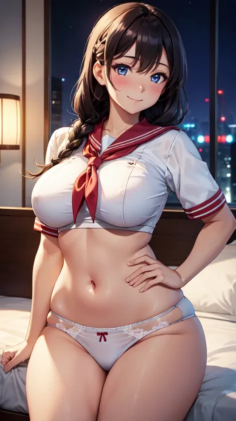 (High quality, High resolution, Fine details, Realistic), BREAK neon aesthetic hotel room, Midnight, BREAK solo, Curvy women, Japanese Sailor Uniforms, bare midriff, Skirts, Panty Shot, Standing, Braided Hair, sparkling eyes, (Detailed eyes), smile, blush,...