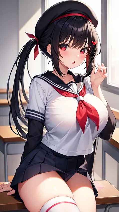 masterpiece、Highest quality、Ultra-high resolution、teenage school girl with big breasts、twin tail hairstyle、black hair、Red face、mock、open your mouth just a little、Short-sleeved sailor school girl uniform、mini skirt for teenage school girl、knee high socks fo...