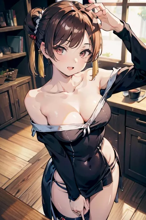 Adult Woman, masterpiece, 1girl, Amazing Cleavage:1.3, thin waist, big ass, Raised sexy, medium breast:1.3,posed cleavage:1.2,solo, open mouth, have a cup of coffee,black hair, red eyes, dress, bare shoulders, jewelry, collarbone, sidelocks, hairband, earr...