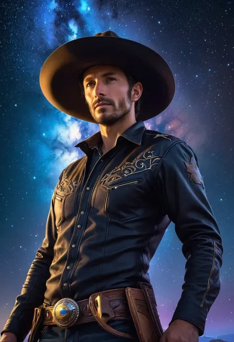 Cowboy extraterrestre sur un vaisseau spatial，Espace noir，(chapeau de cowboy)，western futuriste，dynamic lighting，starry sky，To L&#39;spaceship interior，cybernetic enhancement，vêtements de cow-boy，broken landscape，couleurs vives，energy at index d&#39;high o...