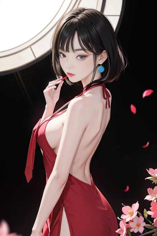 tsuruta ichiro, Narrow-eyed, 1girl in, Allback、deadpan、short-hair、shorth hair、brow、Reluctance、A dark-haired、Tucked Hair Solo, Cowgirl, Onepiece, ((mideum breasts)), Thin slit eyes、Black eyes, Light shines on the eyes、Black hair, gloves, Dress, Luxurious Je...