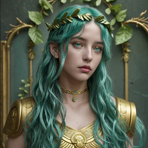 Picture a mythical Medusa, her snake-like aqua hair cascading down her back, beautiful aqua eyes, with a laurel wreath, gold choker, in a roman clothes, look at viewer