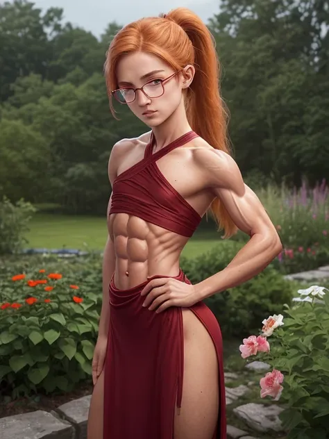 Short nerdy teenaged girl revealed to be muscular, 1girl, 17 years old, powerhouse, ginger blonde hair, tanned alabaster skin, ponytail, rimless rectangle glasses, (wearing red shoulder less maxi dress with a leg slit), small breasts, flat chested, chisell...