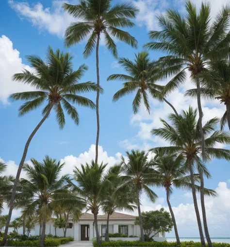 complete top of head, tropical sky and palm tree in background