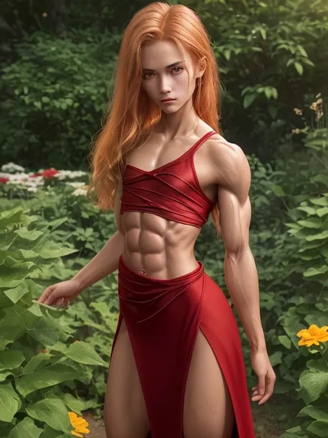 Short nerdy teenaged girl revealed to be muscular, 1girl, 17 years old, powerhouse, ginger blonde hair, tanned alabaster skin, styled hair, contact lenses, (wearing red shoulder less maxi dress with a leg slit), small breasts, flat chested, chiselled abs, ...