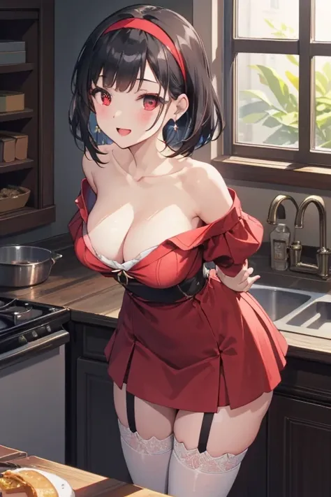 Adult Woman, masterpiece, 1girl, Amazing Cleavage:1.3, thin waist, big ass, Raised sexy, medium breast:1.3,posed cleavage:1.2,solo, open mouth, have a cup of coffee,black hair, red eyes, dress, bare shoulders, jewelry, collarbone, sidelocks, hairband, earr...