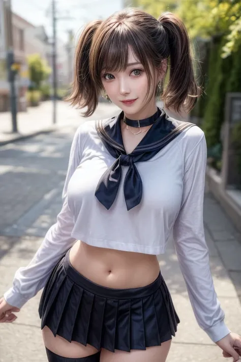 kujikawadef,twintails,,black serafuku , sailorcollar,long sleeves,skirt below the navel, thighhighs,jewelry,earrings,standing,
best quality, highly detailed, masterpiece, absurdres,8k,   photorealistic, realistic,detailed skin texture,detailed pupils,HDR,n...