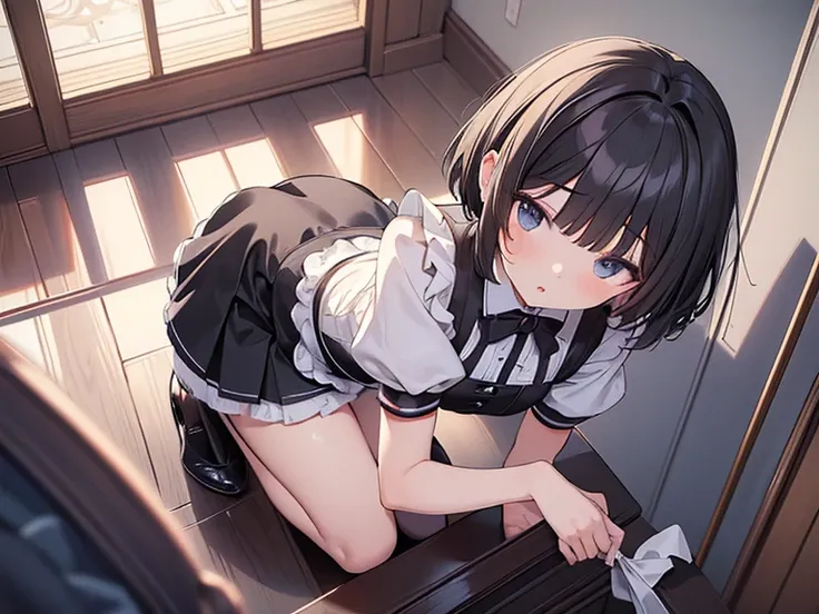 (masterpiece, highest quality, highest quality, Official Art, Cosmetology and aesthetics: 1.2), Bobcut, Black Hair,Short skirt maid outfit, Crossdresser,Cute, delicate and short, upskirt, panties, (all fours:1.2), cleaning,from above, from behind,Luxury Ho...