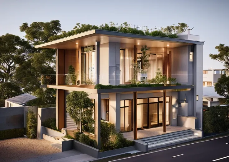 rendering of a mođem residential townhouse, professional render, wide angle exterior 2023, highly detailed render, high quality ...