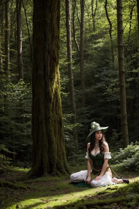 there is a woman sitting on the ground in a forest, forest hunter lady, a sexy maid in a magical forest, fantasy photoshoot, sit...