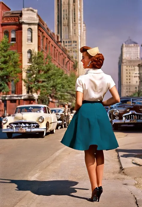 in a lively street scene from the 1950s, a stunning woman is crossing the street, (((wearing a knee-length skirt))) that accentu...