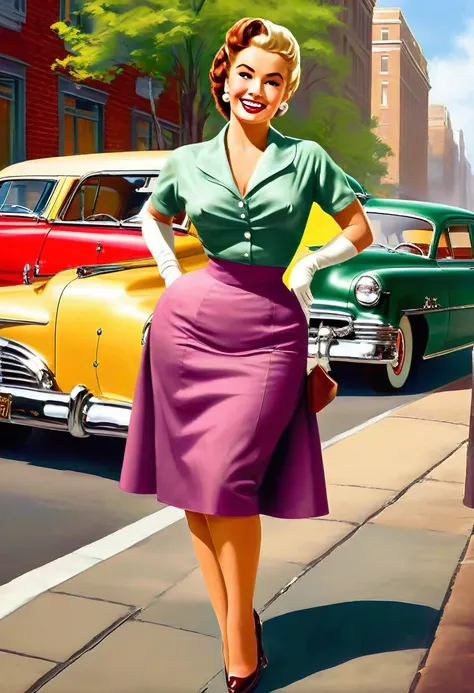 In a lively street scene from the 1950s, a stunning woman is crossing the street, (((wearing a knee-length skirt))) that accentuates her curves, and a form-fitting blouse that highlights her ample bosom, supported by a bullet bra, (((The seams of her allur...