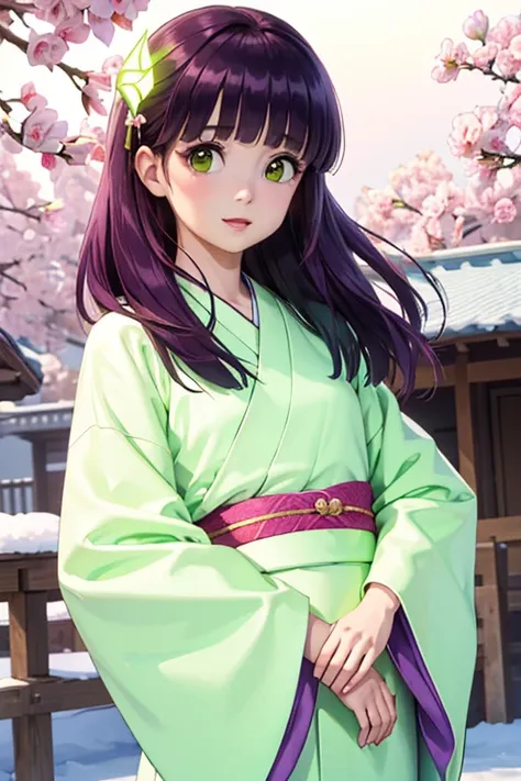 Very detailed CG Unity 8K wallpaper, Cute One lady, Mature hair、lady ,beautiful lady, pale skin (Super masterpiece, Beautiful person, well detailed face polluted smile, Photorealistic, hyper realisitic), Colorful winter kimono in pink and white colors、(whi...