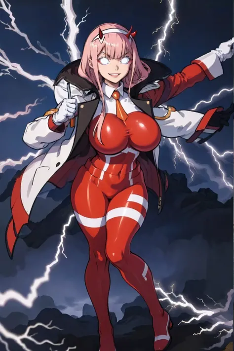 masterpiece, best quality, IncrsLowTier, electricity, glowing eyes zerotwo horns, hairband, necktie, red dress, pantyhose horns, hairband, red bodysuit, armlet, mecha horns, hairband, white bodysuit, white gloves, cap, red dress, white gloves, jacket on sh...