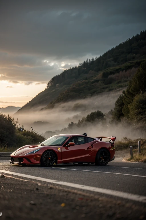 ((masterpiece)), ((best quality)), ((detailed)), (Phenomenal), Immersive, Enchanting, Vehicle, sports car , red Ferrari , driving running fast in the European roads, mountain sides, daytime, action movie scene, Automotive Photograph, Snapshot, Image, Cinem...