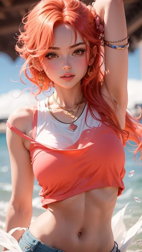   Beautiful girl , slim fit body , wavey red hair,  crop top mini skirt ,  rose pink lips, blushed cheeks