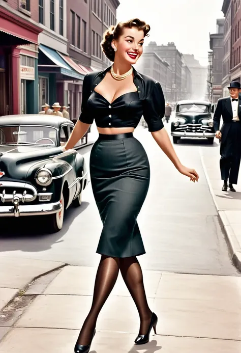 In a lively street scene from the 1950s, a stunning woman is crossing the street, (((wearing a knee-length skirt))) that accentuates her curves, and a form-fitting blouse that highlights her ample bosom, supported by a bullet bra, (((The seams of her allur...