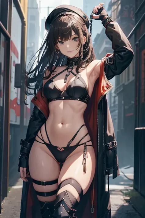 thynasha, 18yo girl Dark blue hair,long hair,ponytail,hair between eyes,bangs,outdoors,cityscape,standing,armor best,assault rifle,camouflage,holding weapon,load bearing vest,saide backpack,full body,best quality,masterpiece,highres,official art,extremely ...