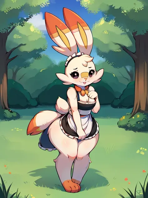 (baby scorbunny),(scorbunny pokémon),(black eyes),((green park)), (anatomically correct) (fluffy) (furry) (fuffy paws) (black pu...