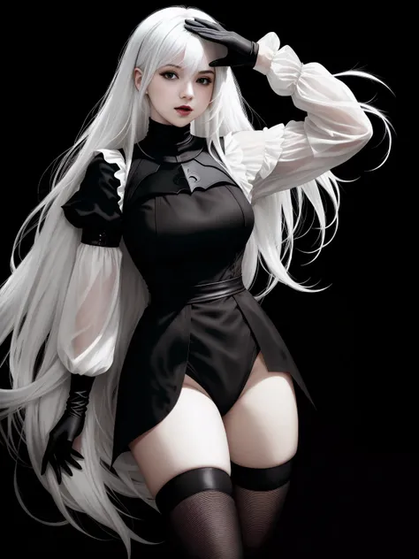 there is YoRHa No. 2 Type B , white hair, alluring expression, very bold, upper  visible, full body photo, standing legs apart, pale translucent glowing skin, most beautiful face, cute, ((dark plain black background:1.4))