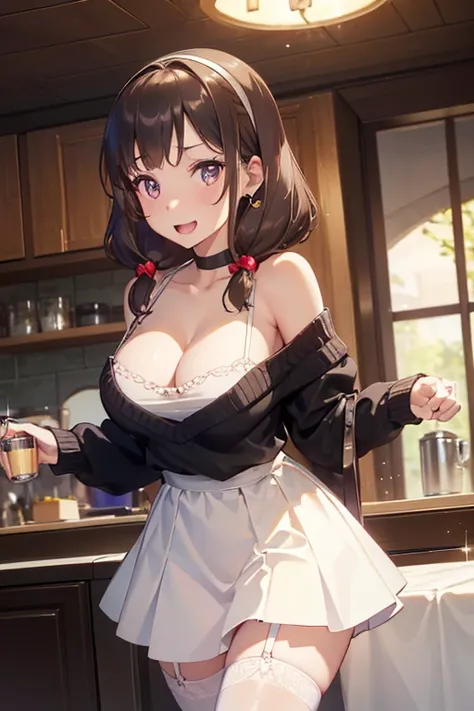 Adult Woman, masterpiece, 1girl, Amazing Cleavage:1.3, thin waist, big ass, Raised sexy, medium breast:1.3,posed cleavage:1.2,solo, open mouth, have a cup of coffee,black hair, red eyes, dress, bare shoulders, jewelry, collarbone, sidelocks, hairband, earr...