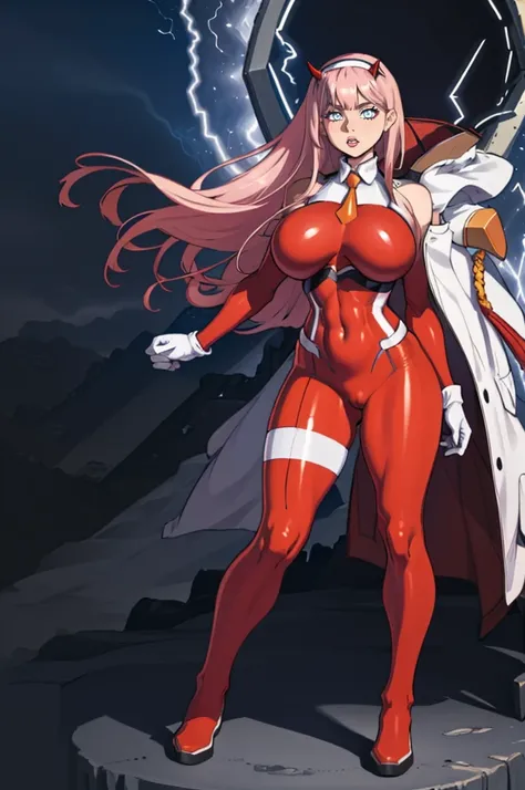 masterpiece, best quality, IncrsLowTier, electricity, glowing eyes zerotwo horns, hairband, necktie, red dress, pantyhose horns, hairband, red bodysuit, armlet, mecha horns, hairband, white bodysuit, white gloves, cap, red dress, white gloves, jacket on sh...