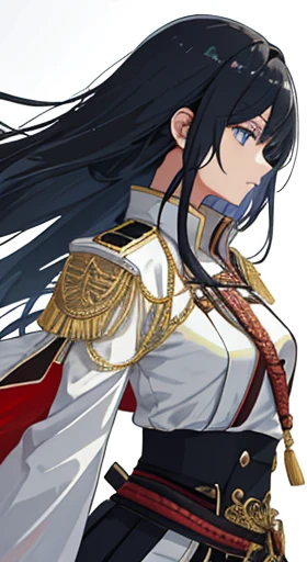 Japanese sword、Samurai sword、whole body、White one-piece military uniform、 Jet black hair,(Tabletop:1.2, highest quality), (beautiful, fine grain: 1.2), (Detailed Background,Dark fantasy), (beautifully detailed face), High Contrast, (Best lighting, とても繊細でbe...