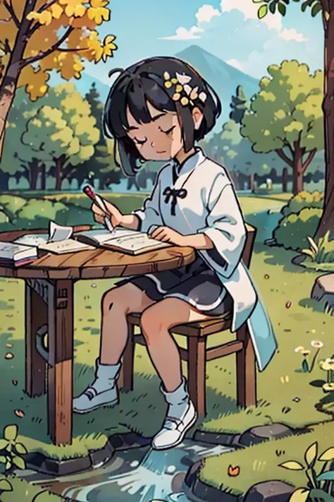 A cartoon girl is writing a book，The background is a river, Intermediate metaverse, Calligraphy outdoor table writing calligraphy 4K ultra clear ultra clear ultra detail epic streamside willow weeping willow，Black hair，Black hair，Chinese style clothes，Hanf...