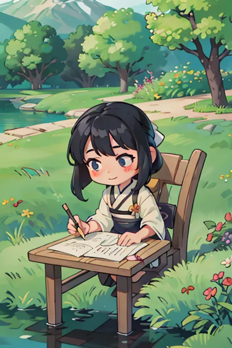 a cartoon girl is writing a book，the background is a river, intermediate metaverse, calligraphy outdoor table writing calligraph...