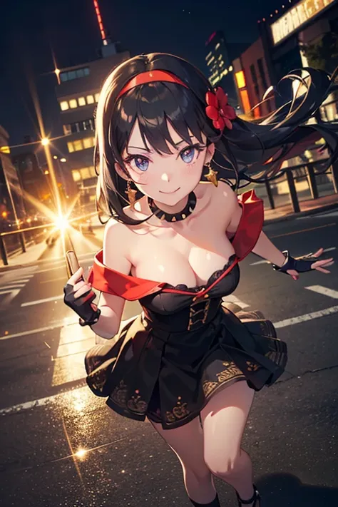 Anime style beutiful woman, 1girl,fullbody, happy, (with sparkling eyes and a contagious smile:1.2), red face, closed mouth, beautiful detailed eyes, super detailed skin, backlighting, bare shoulders, black background, black dress, black gloves, black hair...