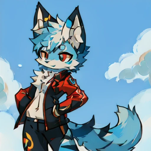 Hair，With blue stripes，Cartoon cat with red eyes and blue eyes, Female furry mini cute style, Ferson!!!!, female Ferson, furaffity, furry Ferson, professional furry, furaffinity Ferson, Universal furry style, Ferson art, Sora is a cat, Holo is a wolf girl,...