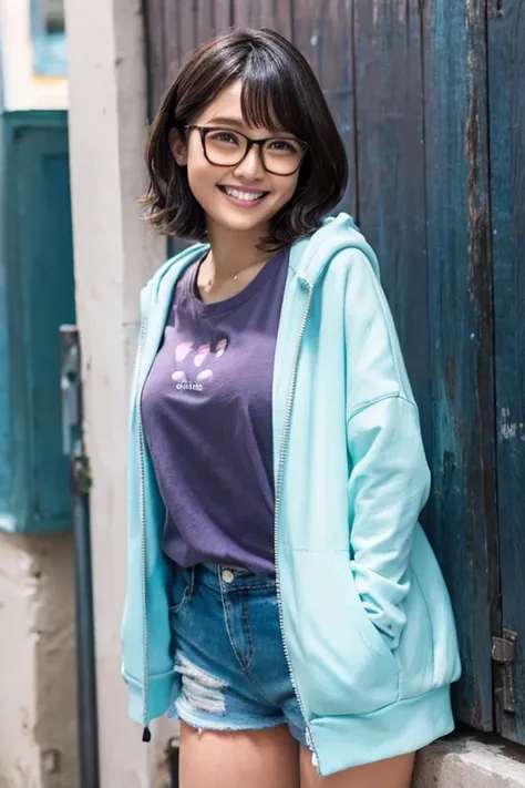 Cute woman、Stylish T-shirt、Shorts、Wavy very short hair、Pastel colored hoodie jacket、Glasses、High definition、4K resolution、Photorealistic、tourist spot、smile、Sweating