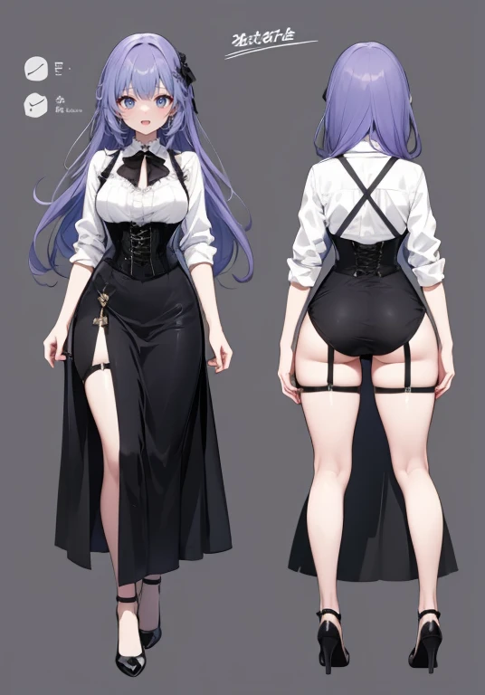 Purple hair,Long hair,Adult female,Bartender,((Body harness)),((Rolling up your sleeves shirt)),(Corset),(Long skirt),Garter belt,High heels,((Simple background)),Smile,((Full body)),((whole body)),Character Sheet,