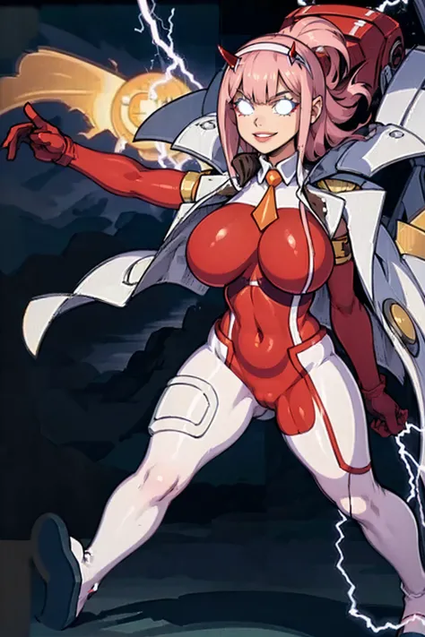 masterpiece, best quality, IncrsLowTier, electricity, glowing eyes zerotwo horns, hairband, necktie, red dress, pantyhose horns, hairband, red bodysuit, armlet, mecha horns, hairband, white bodysuit, white gloves, cap, red dress, white gloves, jacket on sh...