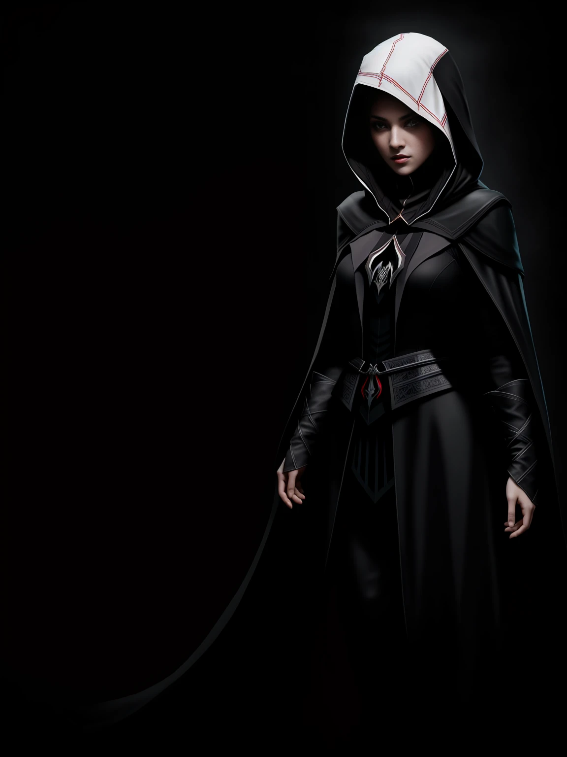 there is a woman, assassins creed , hooded, alluring expression, very bold, upper  visible, full body photo, standing legs apart, pale translucent glowing skin, most beautiful face, cute, ((dark plain black background:1.4))