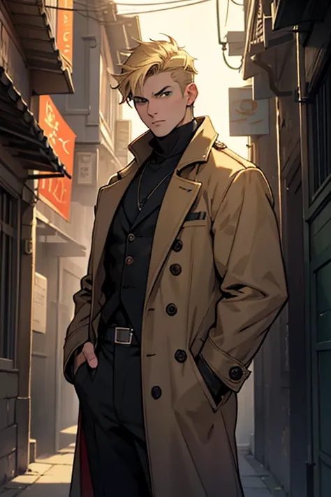 A young man with short blond hair, standing at 1.8 meters tall, wearing a long black overcoat. He has piercing green eyes that stand out against his fair complexion. The coat is snugly fitted, emphasizing his lean physique. The lighting is dramatic, castin...