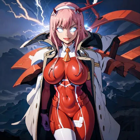 masterpiece, best quality, IncrsLowTier, electricity, glowing eyes zerotwo horns, hairband, necktie, red dress, pantyhose horns, hairband, red bodysuit, armlet, mecha horns, hairband, white bodysuit, white gloves, cap, red dress, white gloves, jacket on sh...