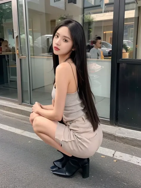 insanely detailed, absurdres, city, female, shy, embarrassed, squatting, looking at viewer, long hair, black hair, black eyes, tall, slender, mini skirt, tank top, in the city, at midnight, full body shot, front view, ground-level shot