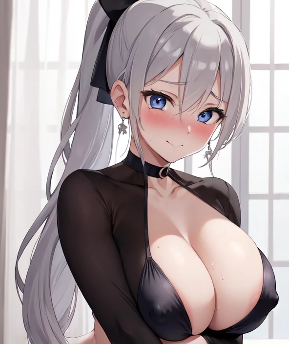 (((masterpiece))), ShizukaMikazuki, One Girl, alone, View your audience, Long Hair, Gray Hair, Long sleeve, Cleavage, （Huge breasts）,clavicle, Mature Body,Big Ass,Glamorous Body,Trained abdominal muscles,Make your face a little smaller,Make your breasts bi...