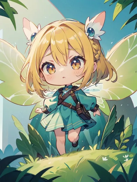 chibi, fantasy art, flying fairy girl, wearing fairy wings, blond hair, braid hair, (stare or glare with scornful eyes), from front, vivid clolor, high-saturation, best-quarity,