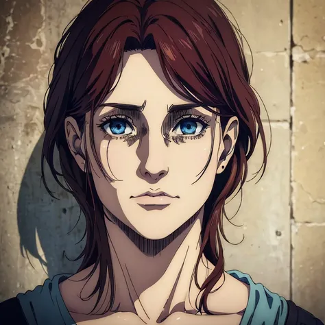 
(best quality, highres, masterpiece:1.2), ultra-detailed, (realistic, photorealistic, photo-realistic:1.37),female character older,  in her late 40s, Mappa art style, blue eyes, auburn hair, she has a great jawline, she wrinkles all over her face 