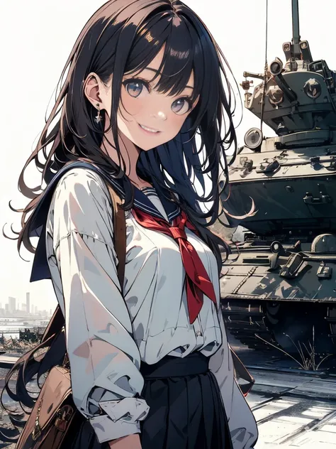 masterpiece, highest quality, High resolution, One Girl,1940s、Tank in the background、Sailor suit、 alone, Girl with bangs、young woman、17 years old、Long Hair、smile