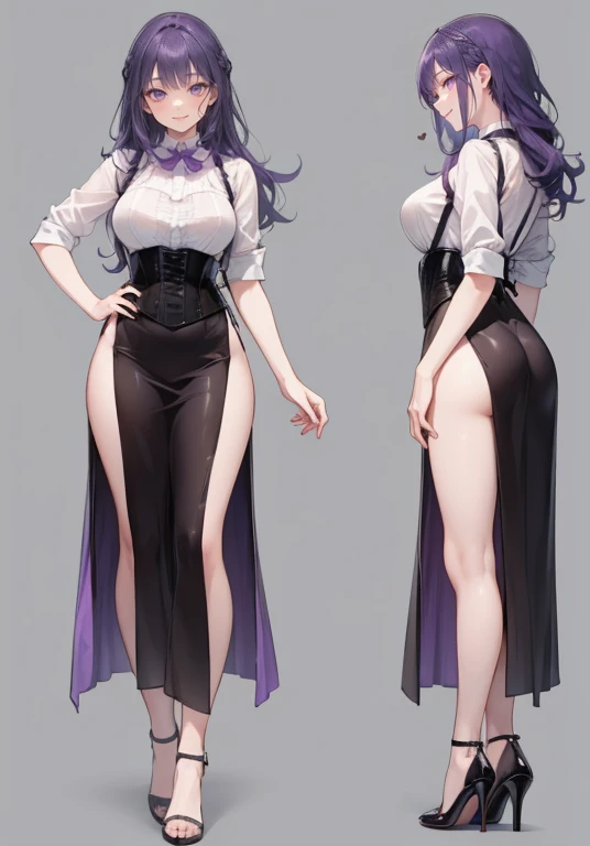 Purple hair,Long hair,Adult female,Bartender,((Body harness)),((Rolling up your sleeves shirt)),(Corset),(Long skirt),(slit),High heels,((Simple background)),Smile,((Full body)),((whole body)),Character Sheet,