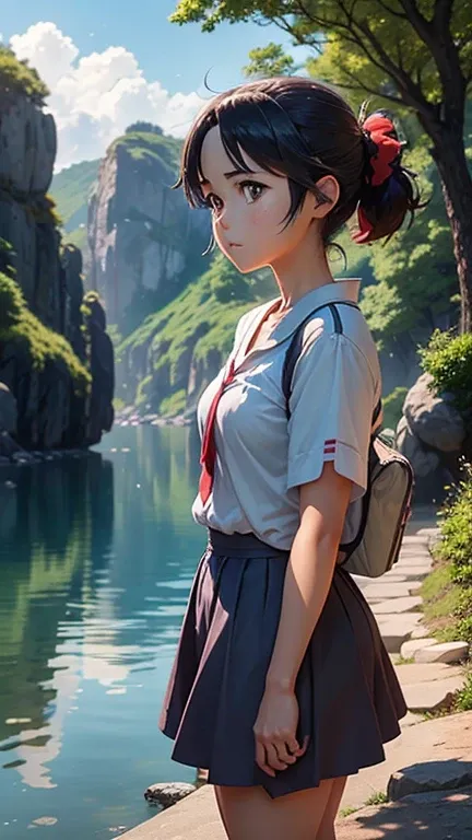 "Witness the stunningly detailed and ultra HD rendering of Taki and Mitsuha, the beloved characters from Your Name, as they gaze upon the peaceful landscape, their expressions filled with wonder and awe."