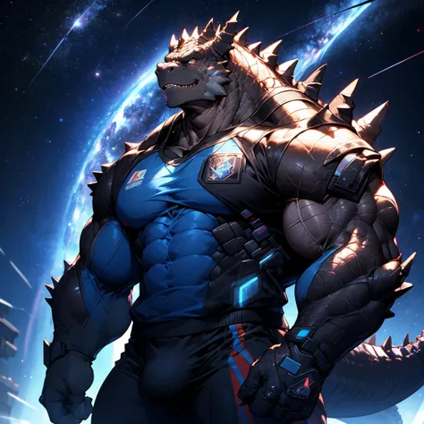 Muscular Godzilla, pectoralis major, Heavyweight, Bodybuilder figure, Wearing cyberpunk mechs, furry， Big bulge, Gaze at the Milky Way from a spacecraft, In the Universe, Big smile emoji, sparkling skin, Vibrant colors, 4K, realism, Cool lighting