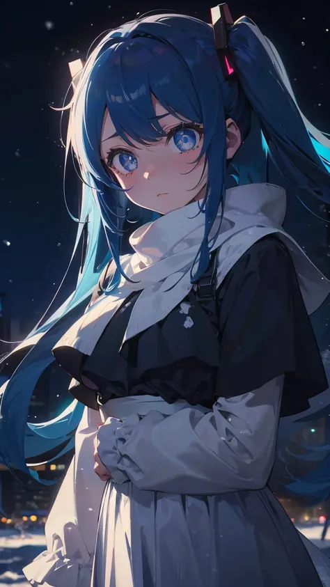 (masterpiece、highest quality)、1 girl ,Grim expression、hatsunemiku,Warm lighting、 Blurred foreground、night、High Contrast、Twin tails,blue gem eyes,Blue Hair,night,snowing,Heavy snowfall,winter,Alone in the vast snowy field,whole body,curse,Looking at me,Huge...