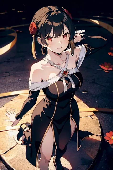 Anime style beutiful woman, 1girl,fullbody, happy, (with sparkling eyes and a contagious smile:1.2), red face, closed mouth, beautiful detailed eyes, super detailed skin, backlighting, bare shoulders, black background, black dress, black gloves, black hair...