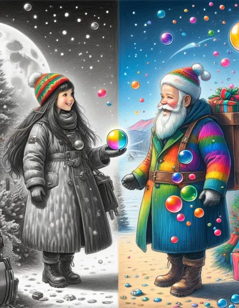 1hbgd1, wear christmas costumes，a mecha figure with a big white beard, rainbow bubbles, fleeting beauty, sparkling colors, playf...